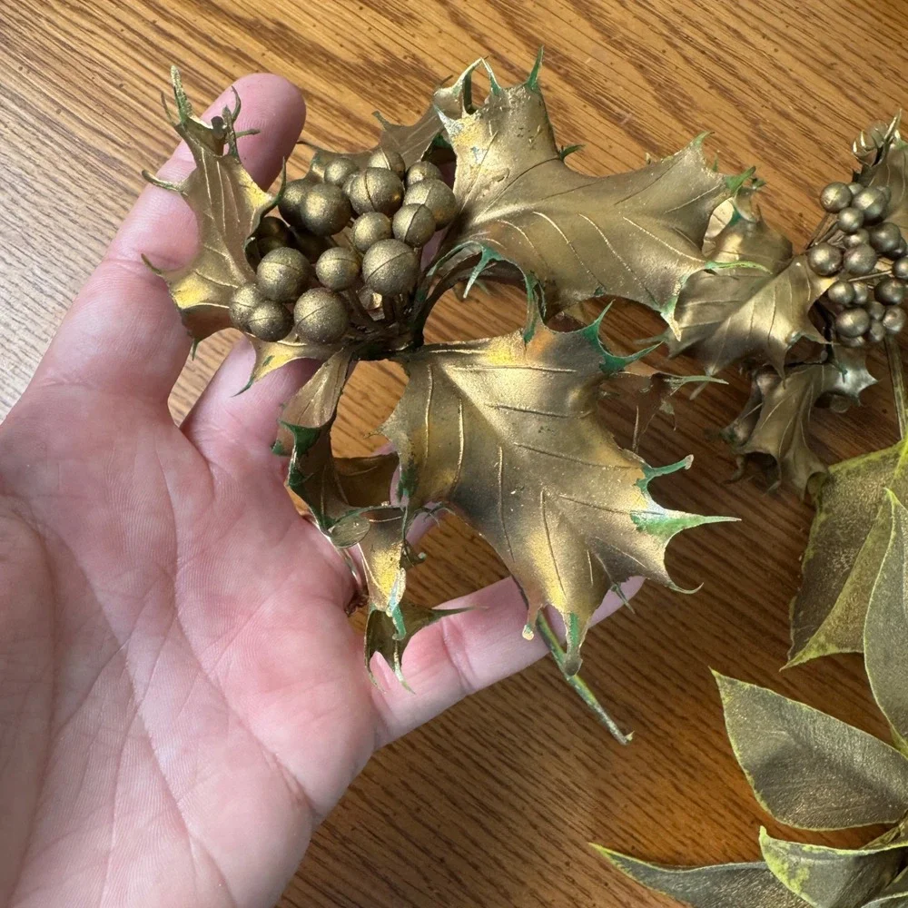 Vintage Metallic Gold Artificial‎ Poinsettia Holly Berry Picks Christmas Decor